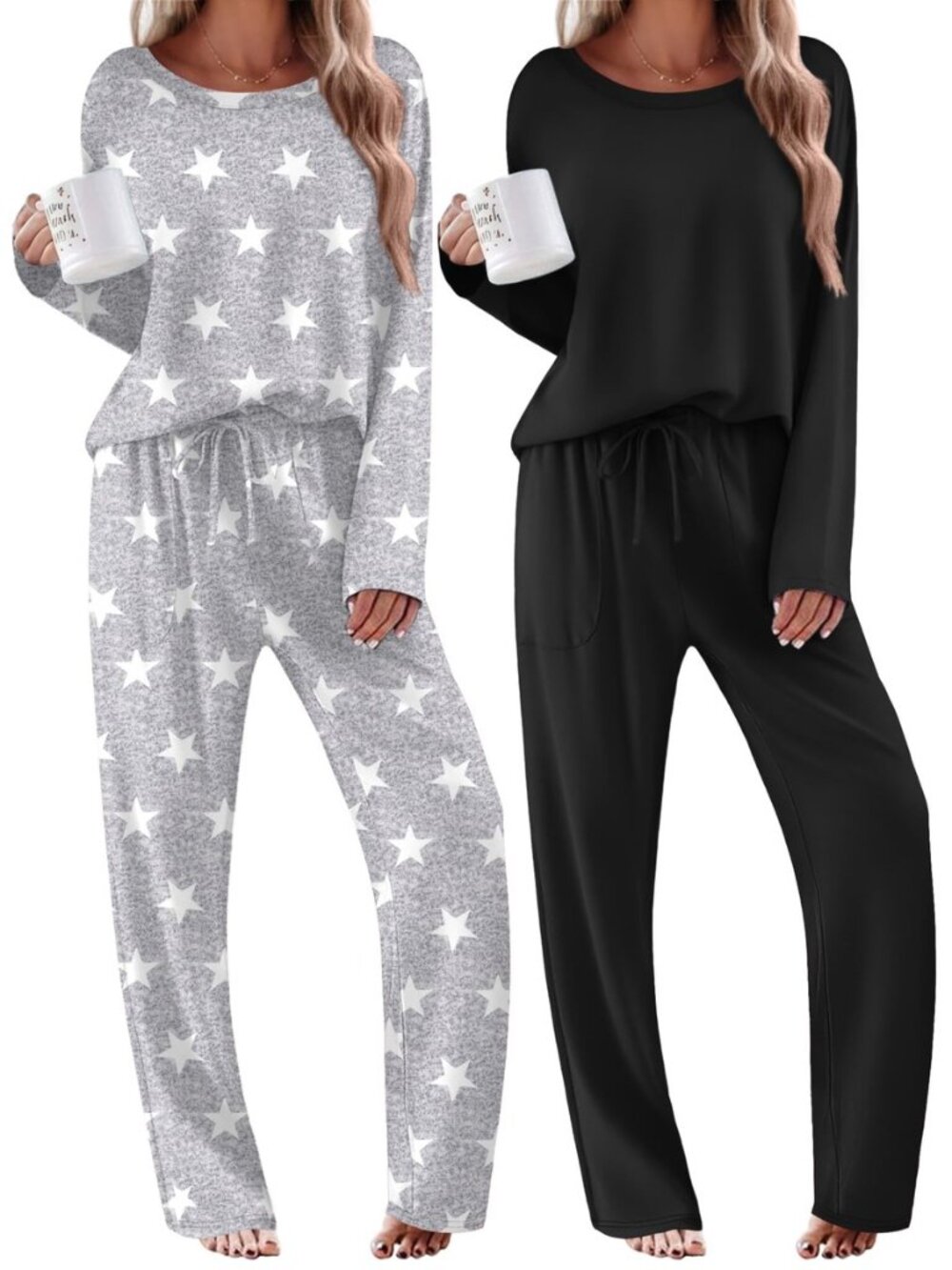 2 Pack Womens Pajama Sets Long Sleeve Long Pants Pjs Loungewear